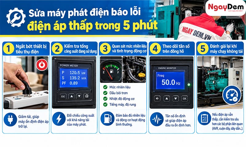Sửa máy phát điện báo lỗi điện áp thấp chỉ với 5 bước Máy phát điện báo lỗi điện áp thấp: Dấu hiệu và hướng xử lý