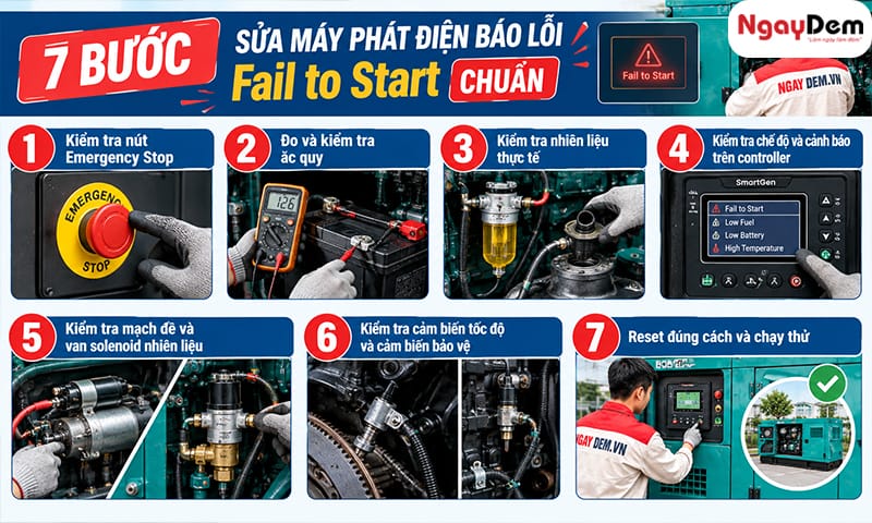 Cách sửa máy phát điện báo lỗi Fail to Start đúng kỹ thuật