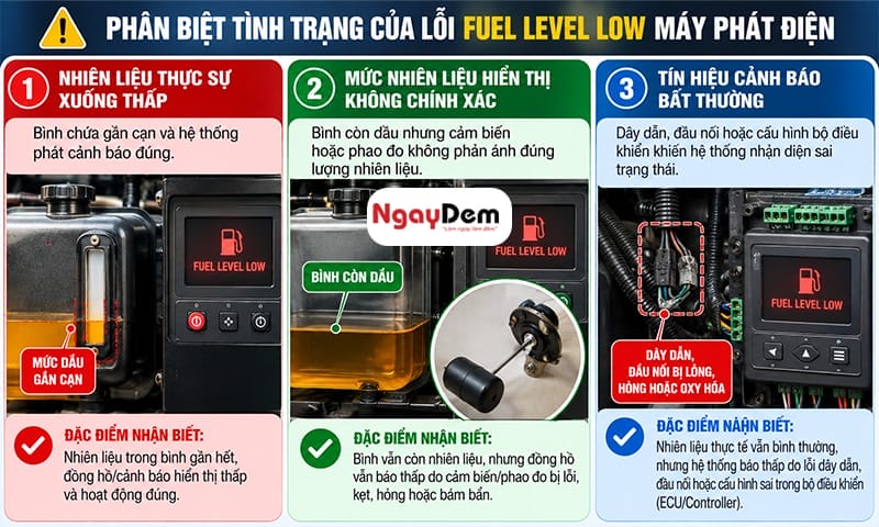 Tình trạng lỗi Fuel Level Low cần phân biệt Máy phát điện lỗi hiển thị Fuel Level Low: Đừng vội đổ thêm dầu