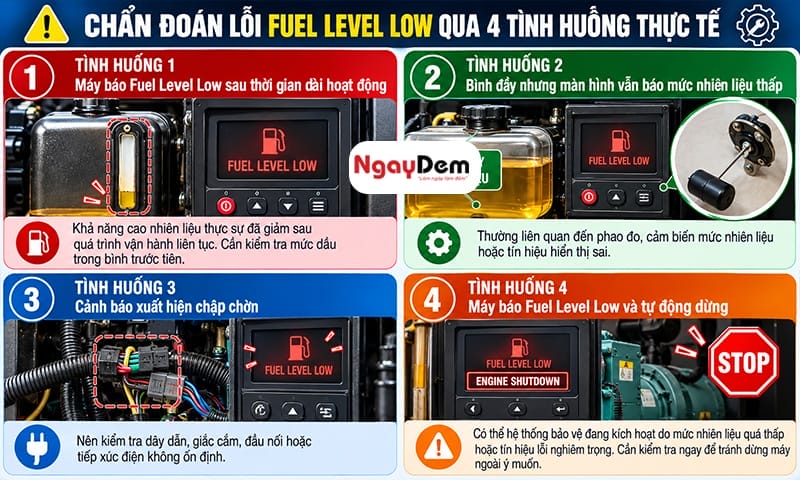 Chẩn đoán và cách sửa máy phát điện lỗi hiển thị Fuel Level Low Máy phát điện lỗi hiển thị Fuel Level Low: Đừng vội đổ thêm dầu