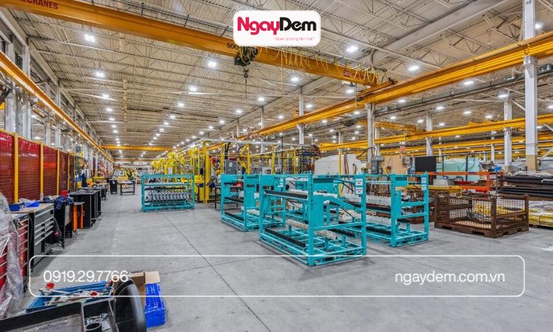 Hệ thống chiếu sáng LED hoàn thiện tại nhà xưởng.