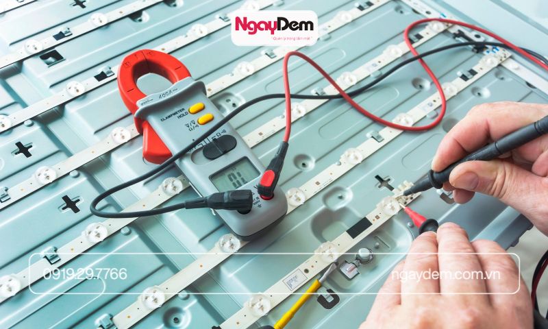 Kiểm tra điện áp và đấu nối nguồn cho hệ thống đèn LED dây.