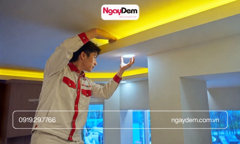 Kỹ sư Ngày Đêm kiểm tra hệ thống đèn LED hắt trần sau lắp đặt.